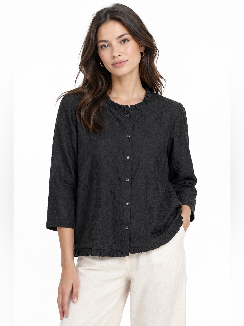 Eileen Fisher 100% Silk Blouse Crinkled 3/4 Sleeve Ruffled Feminine Goblincore